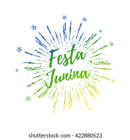 Festa Junina colorful gradient summer calligraphic poster, illustration. Vector firework carnaval background with stars. 