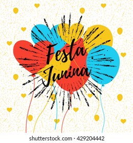 Festa Junina colorful summer calligraphic poster, illustration. Vector carnaval background with balloons, confetti.