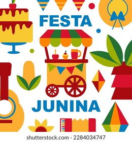 Festa Junina con. Music Festival. Simple, minimalist icons. Festive banner, poster. Vector illustrations.