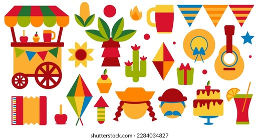 Festa Junina con. Music Festival. Simple, minimalist icons. Festive banner, poster. Vector illustrations.