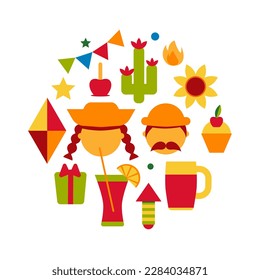 Festa Junina con. Music Festival. Simple, minimalist icons. Festive banner, poster. Vector illustrations.