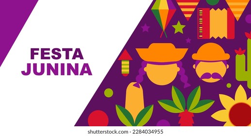 Festa Junina con. Music Festival. Simple, minimalist icons. Festive banner, poster. Vector illustrations.