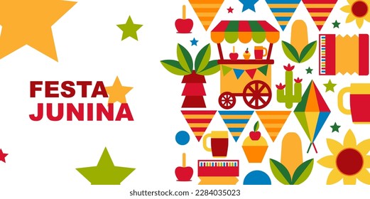 Festa Junina con. Music Festival. Simple, minimalist icons. Festive banner, poster. Vector illustrations.