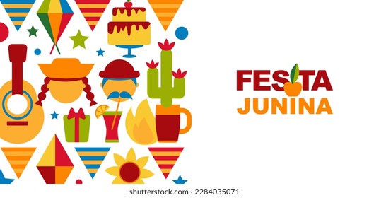 Festa Junina con. Music Festival. Simple, minimalist icons. Festive banner, poster. Vector illustrations.