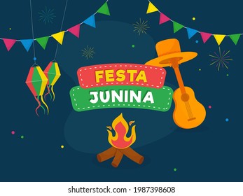 Festa Junina Concept With Bonfire, Orange Hat, Guitar Instrument, Lanterns Hang And Bunting Flags On Blue Background.