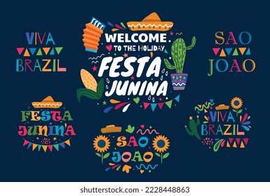 Festa junina concept. Collection of posters or banners for website. Traditional mexican holiday and festival, latin american culture. Cartoon flat vector illustrations isolated on blue background