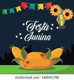 festa junina concept invitation card with culture brazyl typical elements cartoon vector illustration graphic design