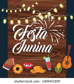 festa junina concept invitation card with culture brazyl typical elements cartoon vector illustration graphic design