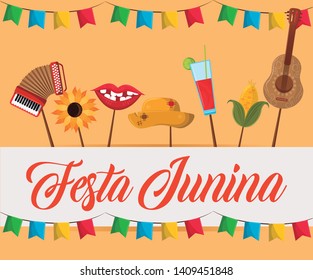 festa junina concept invitation card with culture brazyl typical elements cartoon vector illustration graphic design