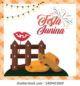 festa junina concept invitation card with culture brazyl typical elements cartoon vector illustration graphic design