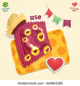 Festa Junina - Condom package wearing a straw hat in a brazilian June Party thematic composition. For campaigns of venereal disease prevention during brazilian June Parties.