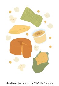 Ilustração da coleção de snacks de milho Festa junina. Vetor de conjunto de alimentos de milho plano. Pamonha, curau e bolo de milho. Banner design do festival brasileiro  