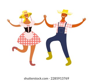 Festa Junina couple, dancers in traditional costumes character illustration. Hand drawn cartoon vector, isolated on white. Brazilian holiday, Saint John festival, party, carnival design element