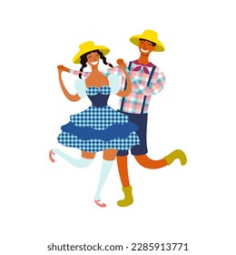 La pareja Festa Junina, bailarinas en la ilustración del personaje de los disfraces tradicionales. Vector de dibujos a mano, aislado en blanco. Fiesta brasileña, festival Saint John, fiesta, elemento de diseño del carnaval