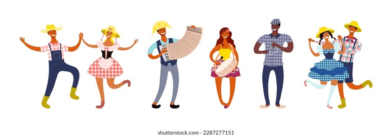 Festa Junina dancers in traditional costumes, musicians group character illustration. Hand drawn cartoon vector, isolated. Brazilian holiday, Saint John festival, party, carnival design element