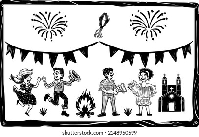 Festa Junina, dances and music from the Brazilian northeast. Separated woodcut style vectors, Cordel literature.