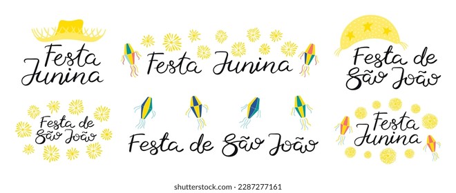 Festa Junina, Festa de Sao Joao Portuguese lettering quotes, straw hats, lanterns, fireworks set, isolated. Hand drawn vector illustration. Brazilian holiday, Saint John festival, party, carnival