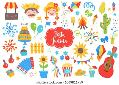 Festa Junina design elements. Firework, balloon, cake, flag, cupcake, couple, star, cactus, corn, sunflower, guitar, music, cocktail, lantern, petard, bow, accordion, cart, kite on white background