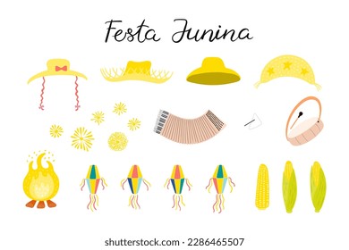 Festa Junina design elements set, straw hats, bonfire, lantern, fireworks, corn, musical instruments, isolated. Hand drawn vector illustration. Traditional Brazilian holiday, festival party carnival