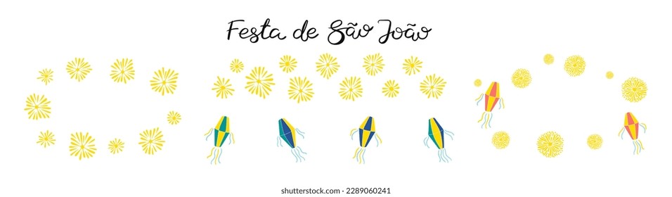 Festa Junina design elements set, lanterns, fireworks borders, frames with copy space, isolated. Hand drawn vector illustration. Traditional Brazilian holiday, Saint John festival, party, carnival