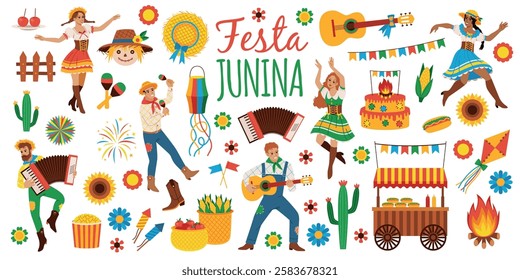 Festa junina elements. Brazil holiday, traditional harvest festival, happy dancing people, party and event participants, folk decorations cartoon flat style isolated tidy vector set