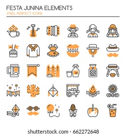 Festa Junina Elements , Thin Line and Pixel Perfect Icons
