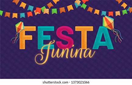 Festa Junina festival celebration background decorated with colorful bunting flags and chinese lantern. Header or banner design.