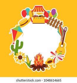 Festa Junina festival decorative elements. Carnival flags with lantern, firework and flying kite, cactus, guitar and straw hat. Carnival banner for decoration. Vector