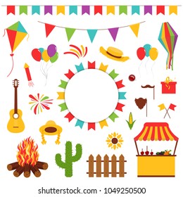 Festa Junina festival decorative elements. Carnival flags with lantern, firework and flying kite, cactus, guitar and straw hat. Carnival banner for decoration. Vector