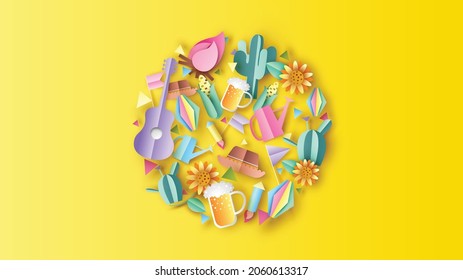 Festa Junina festival decorative with elements in circle frame. Festa Funina background. paper cut and craft style. vector, illustration.