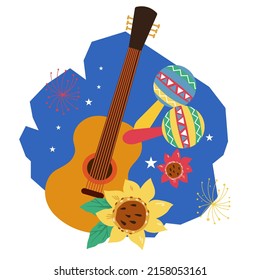 Festa Junina festival decorative label with guitar. Festa junina greeting card or party poster element, flat vector illustration isolated on white background.