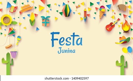 Festa Junina festival design on paper art and flat style with Party Flags and Paper Lantern, Can use for Greeting Card, Invitation or Holiday Poster. - Vector