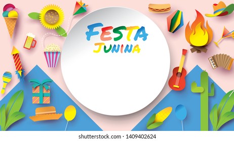 Festa Junina festival design on paper art and flat style with Party Flags and Paper Lantern, Can use for Greeting Card, Invitation or Holiday Poster. - Vector