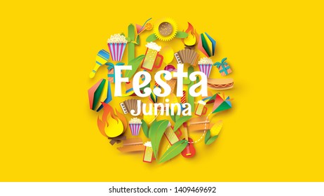 Festa Junina festival design on paper art and flat style with Party Flags and Paper Lantern. - Vector