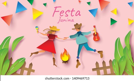 Festa Junina festival design on paper art and flat style with Party Flags and Paper Lantern. - Vector