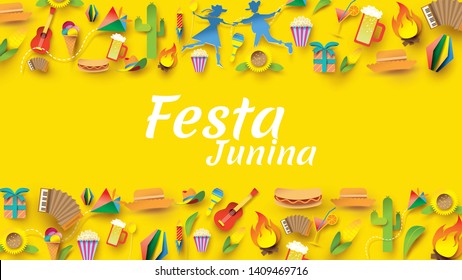 Festa Junina festival design on paper art and flat style with Party Flags and Paper Lantern. - Vector