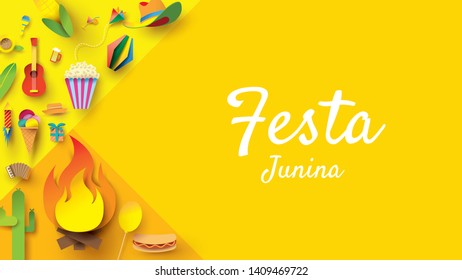 Festa Junina festival design on paper art and flat style with Party Flags and Paper Lantern. - Vector