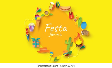 Festa Junina festival design on paper art and flat style with Party Flags and Paper Lantern. - Vector