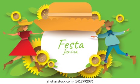 Festa Junina festival design on paper art and flat style with couple dance man and girl in love on sunflower. Can use for Greeting Card, Invitation or Holiday Poster. - Vector