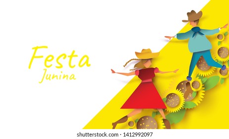Festa Junina festival design on paper art and flat style with couple dance man and girl in love on sunflower. Can use for Greeting Card, Invitation or Holiday Poster. - Vector