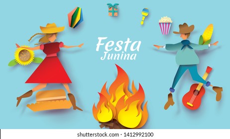 Festa Junina festival design on paper art and flat style with couple dance man and girl in love on sunflower. Can use for Greeting Card, Invitation or Holiday Poster. - Vector