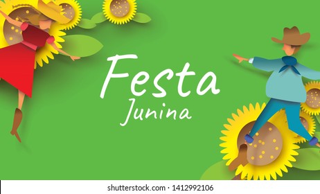 Festa Junina festival design on paper art and flat style with couple dance man and girl in love on sunflower. Can use for Greeting Card, Invitation or Holiday Poster. - Vector