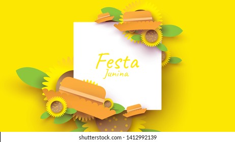Festa Junina festival design on paper art and flat style with simple Mexican Hat and sunflower for banner or poster concept. - Vector