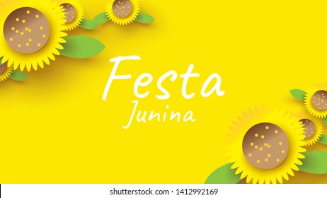 Festa Junina festival design on paper art and flat style with sunflower for banner or poster concept . - Vector