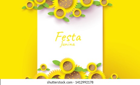 Festa Junina festival design on paper art and flat style with sunflower for banner or poster concept . - Vector