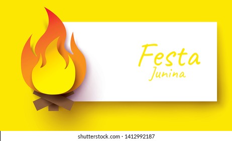 Festa Junina festival design on paper art and flat style with bonfire for banner or poster concept. - Vector