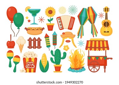 Festa Junina festival elements and icons set. Brazilian Latin American festival celebration concept. Greeting card and banner template.