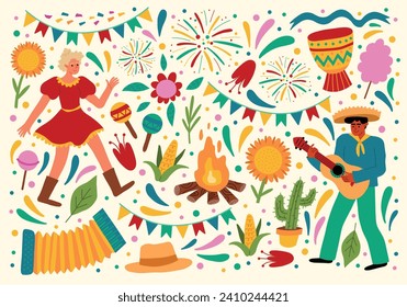 Festa junina festival elements. People and party objects, funny dancer and musician in folk clothing, harvest country holiday, vector set.eps
