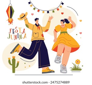 Festa junina festival elements. People and party objects, funny dancer in folk clothing, harvest country holiday, vector set. eps