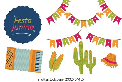 Festa Junina Festival Hand drawn Rough and Grunge Texture Vector Elements Illustration. Corn, village hat, cactus, accordion and decoration graphic resource. Greeting card, Promotion social media post